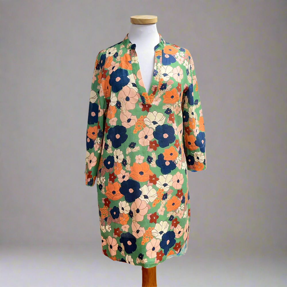 Trovata green floral linen Lucca dress, size XS